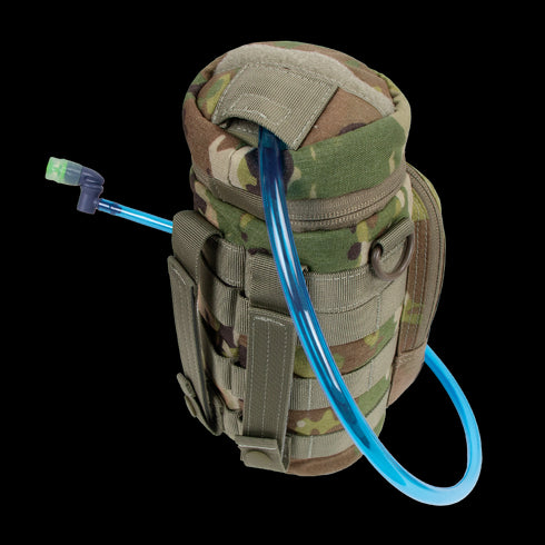 The Condor H2O Pouch - Scorpion OCP features a camouflage design, blue drinking tube, and gray straps, ideal for outdoor or military use.